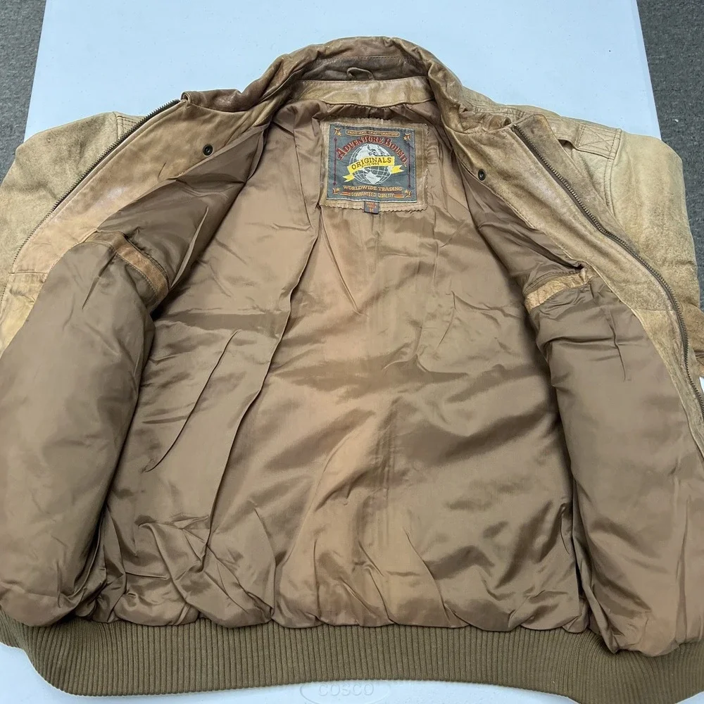 Adventure Bound Bomber Jacket Mens M Tan Distressed Leather Aviator Flight E2